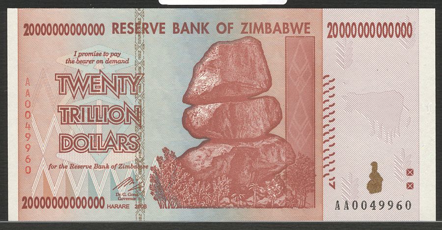 2008 Reserve Bank of Zimbabwe $20,000,000,000,000 Note (Twenty Trillion Dollars), GemCU